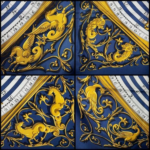 Vintage Hermès silk scarf Dies Et Hore Horoscope By Facconet Navy Blue Gold - Picture 4 of 15